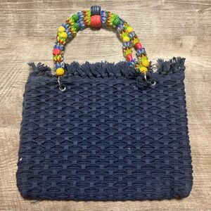 Navy Blue Beaded Handle Mini Bag